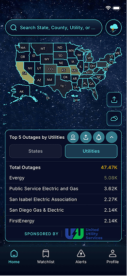 App home screen with the national power outage map and a Top 5 Outages by Utility list
