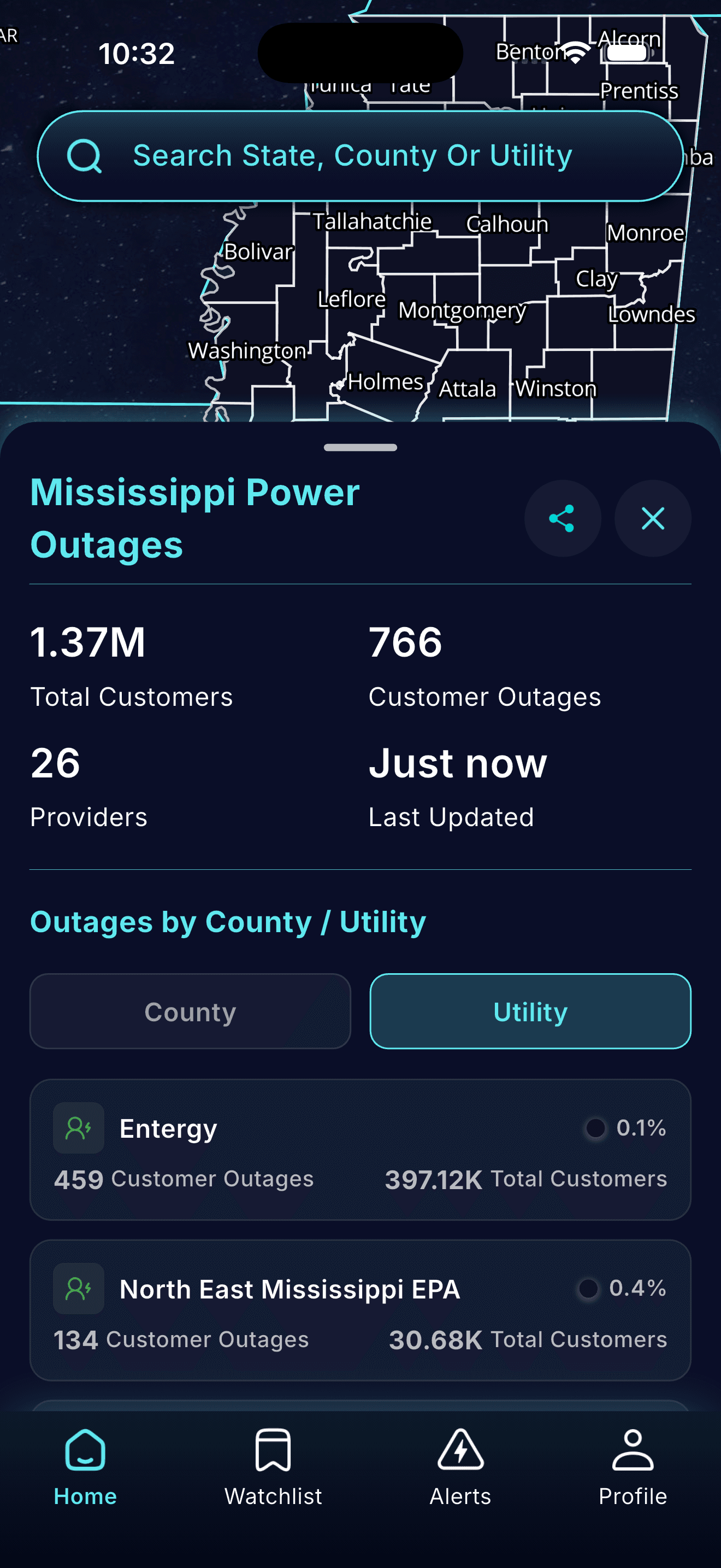 Mississippi outage detail with total customers, customer outages, provider count and a per-utility breakdown