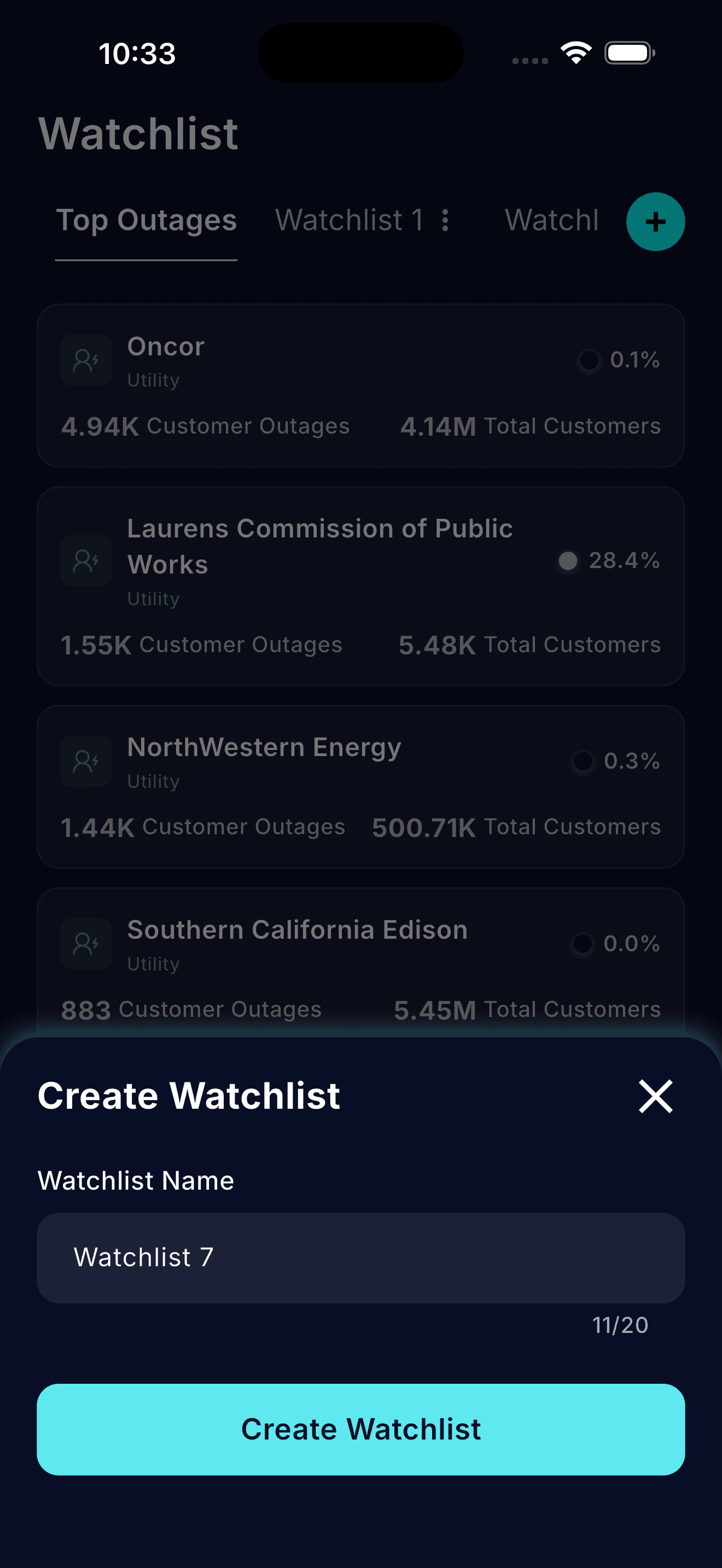 Creating a new named watchlist from the app's Watchlist screen