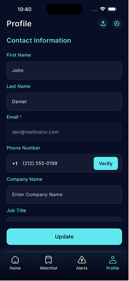 Profile screen with editable contact information and phone number verification