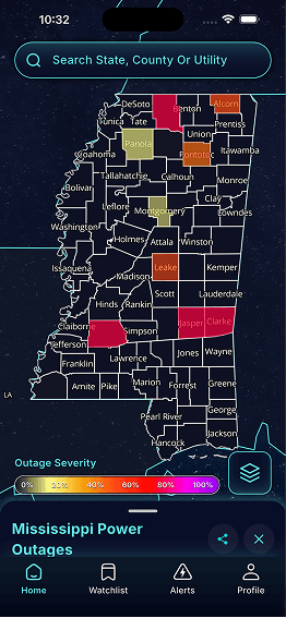 County-level Mississippi outage map shaded by outage severity from 0 to 100 percent