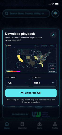Download playback panel for exporting an animated GIF of the outage map over a chosen timeframe